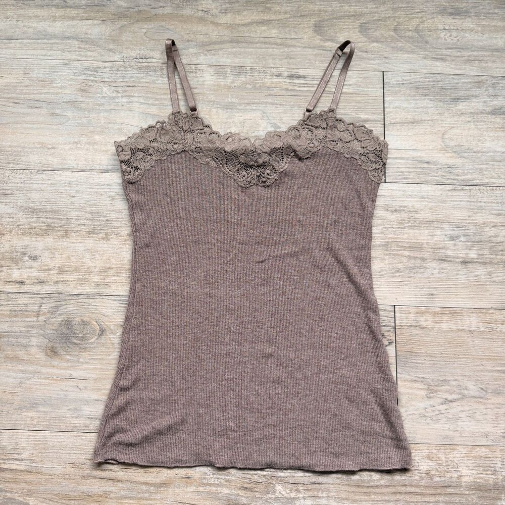 Banana Republic Lace Trim Ribbed Cami Tank Top Taupe Brown XS Y2K Coquette